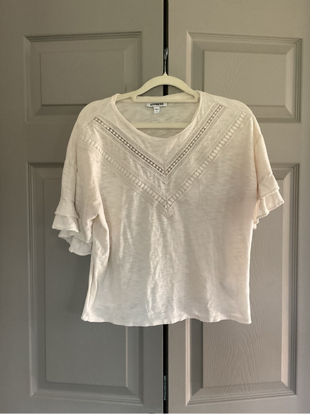 Express Cream Crochet V-Neck Ruffle Sleeve Blouse